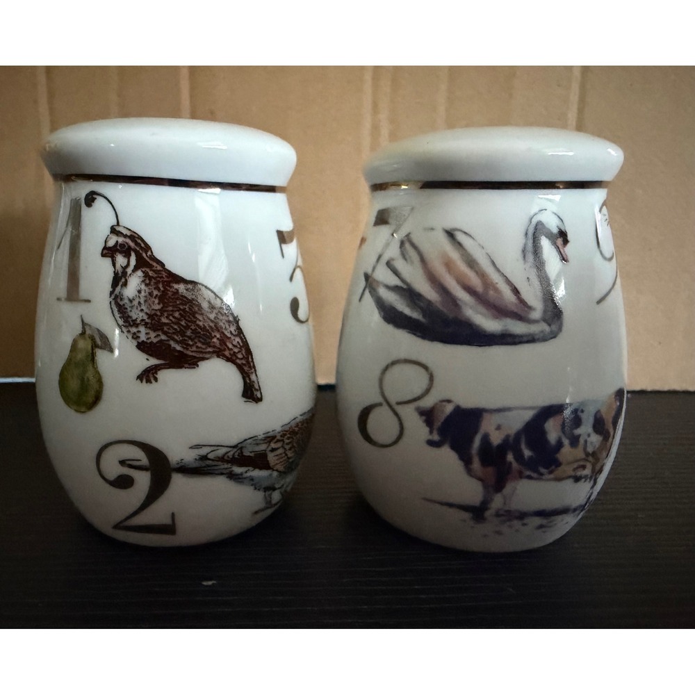 12 Days of Christmas Ceramic Salt and Pepper Shaker Set White Gold Trim Holiday